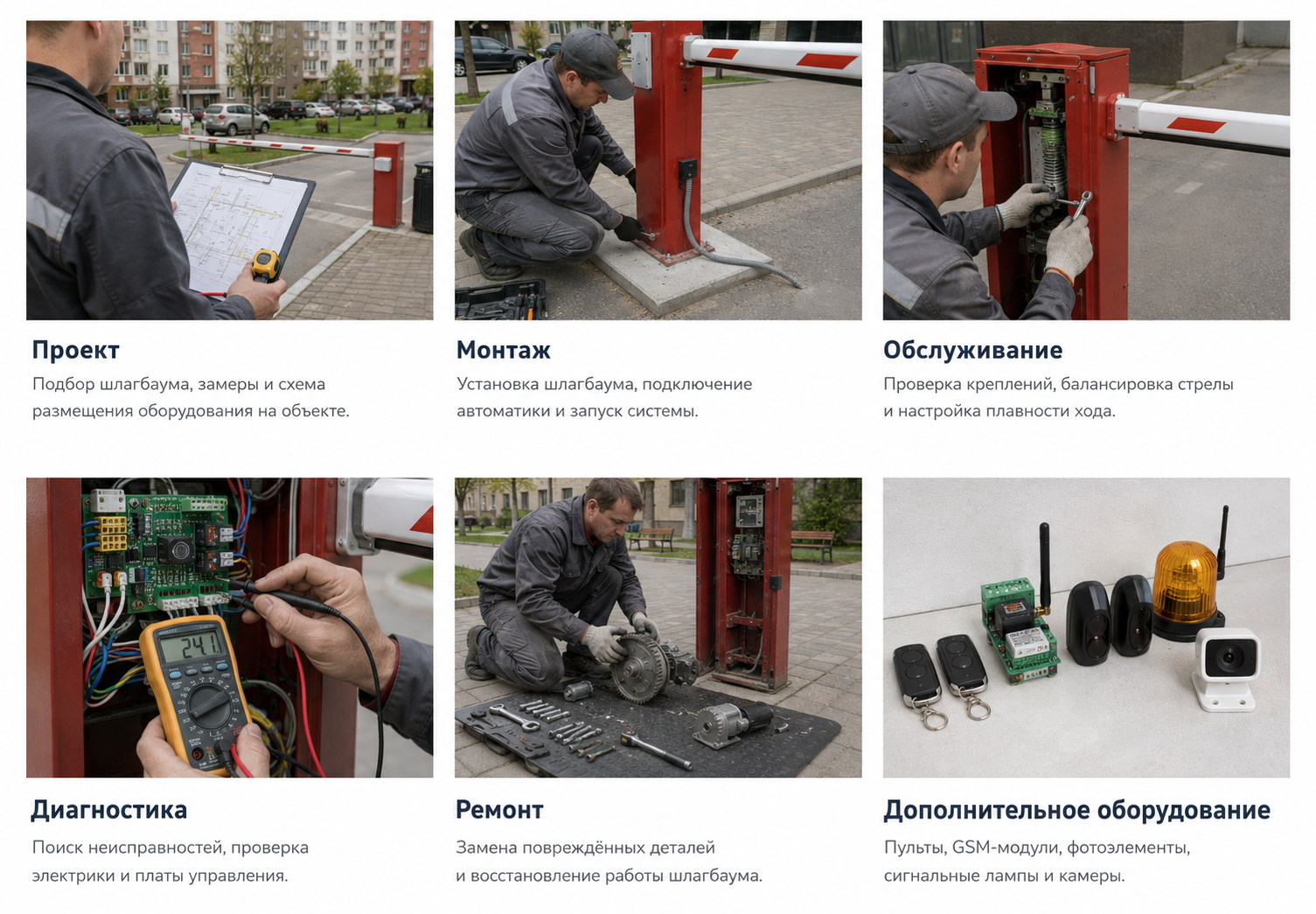 Инженер с планом территории у въезда со шлагбаумом